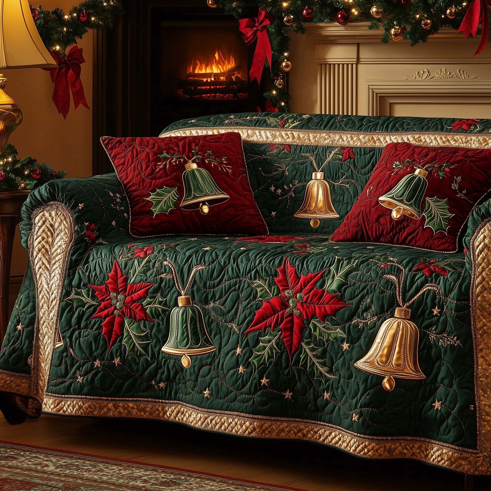 Bells and Red Poinsettias on Green Sofa Cover