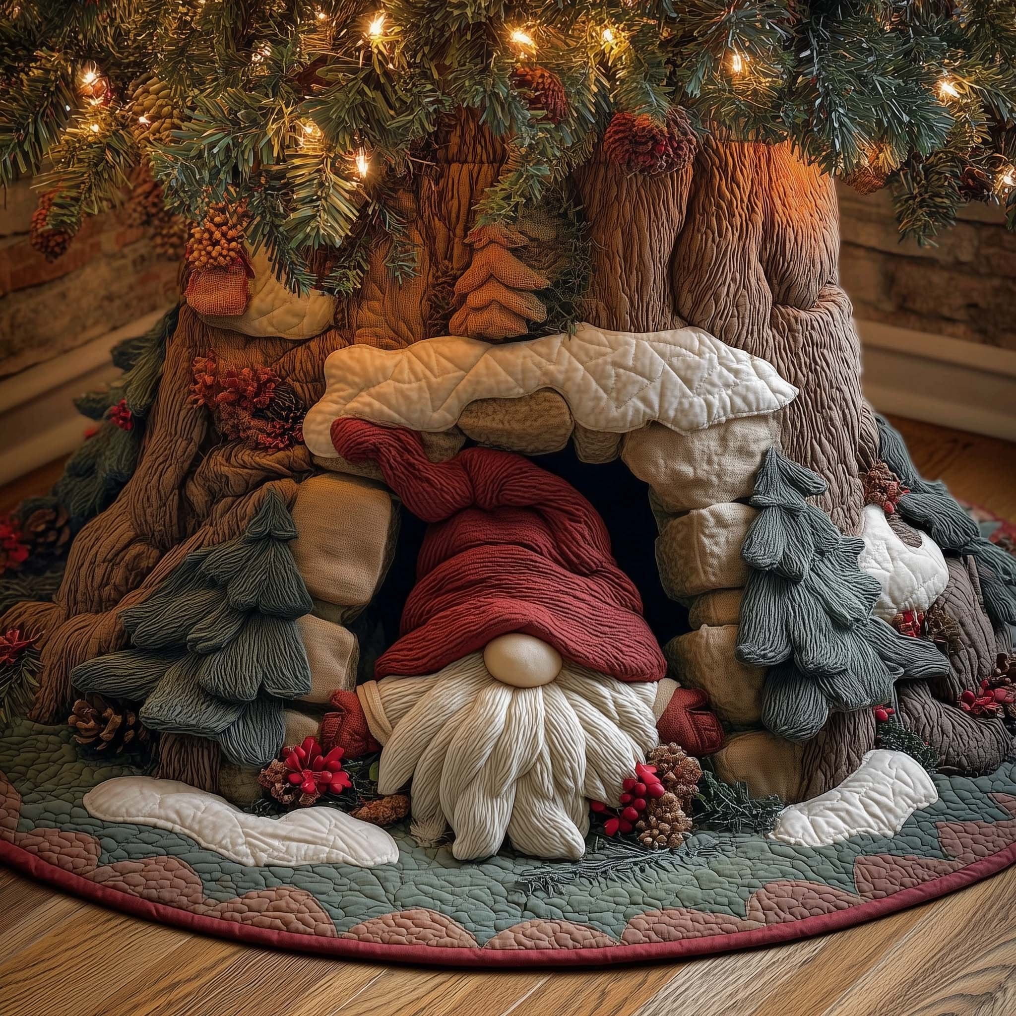 Gnome Under the Red Mushroom Cap Christmas Tree Skirt