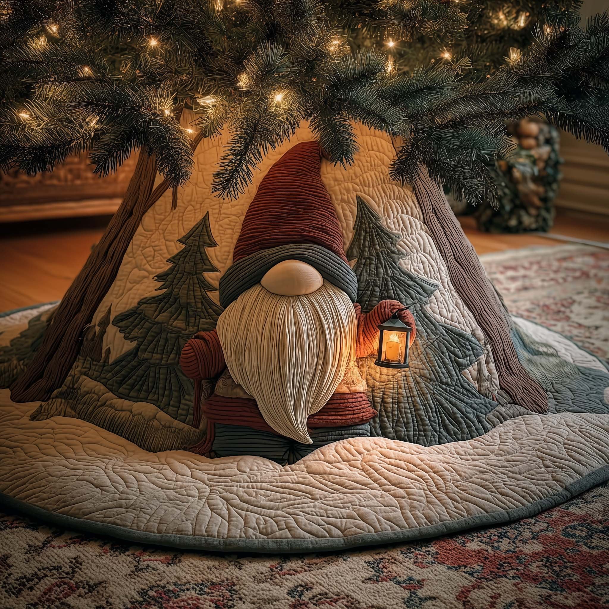 Gnome with a Lantern in the Pines Christmas Tree Skirt