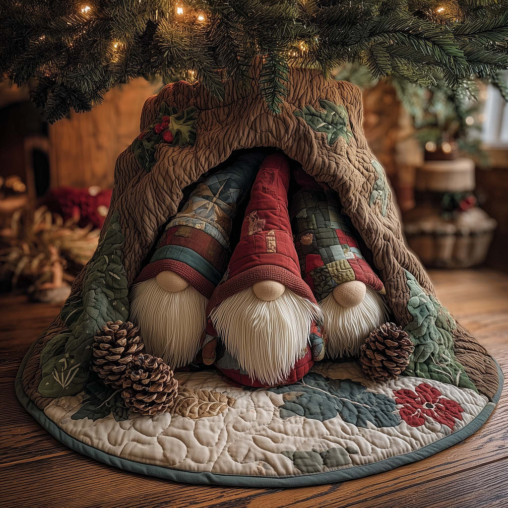 Gnomes with Pinecones and Poinsettias Christmas Tree Skirt