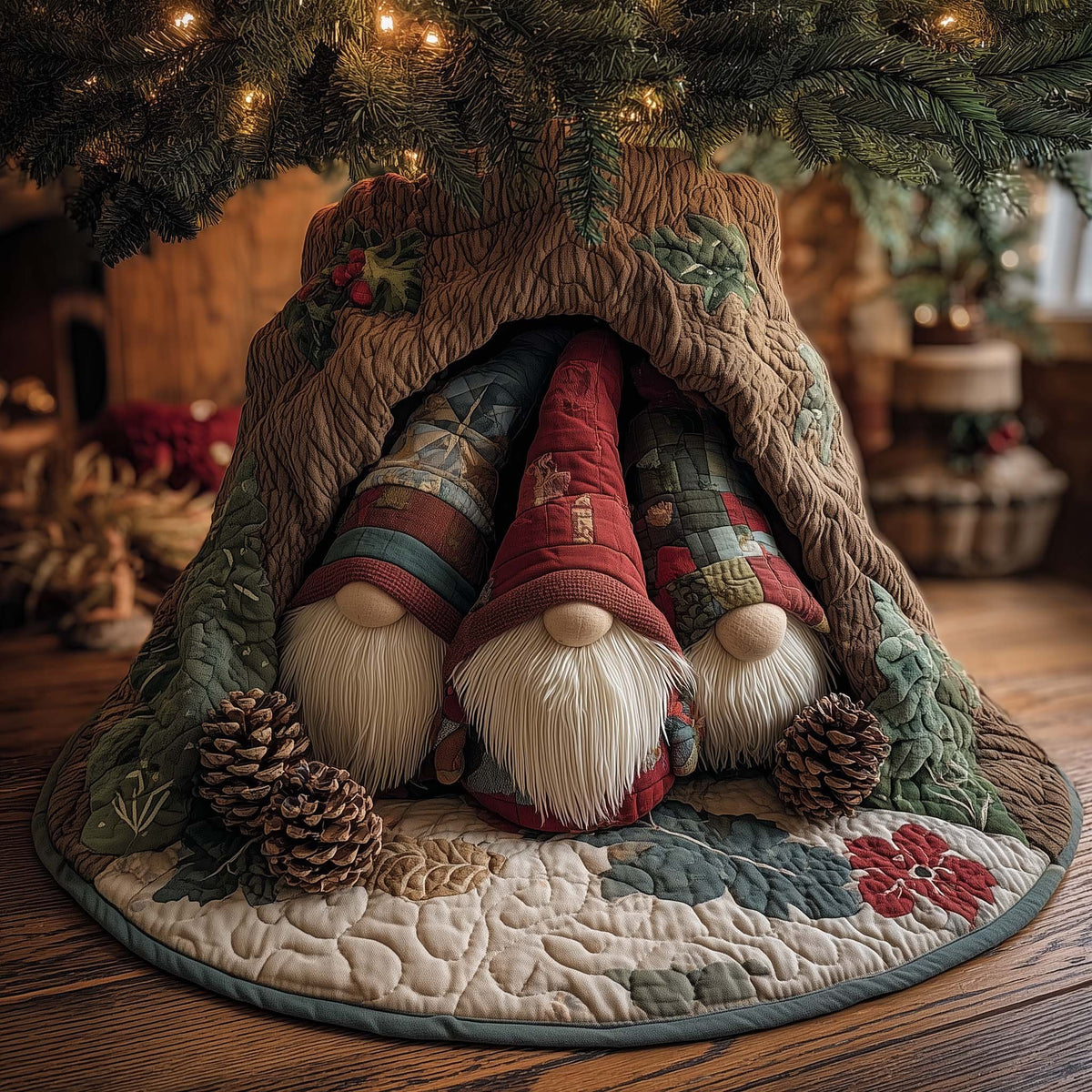 Gnomes with Pinecones and Poinsettias Christmas Tree Skirt