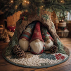 Gnomes with Pinecones and Poinsettias Christmas Tree Skirt