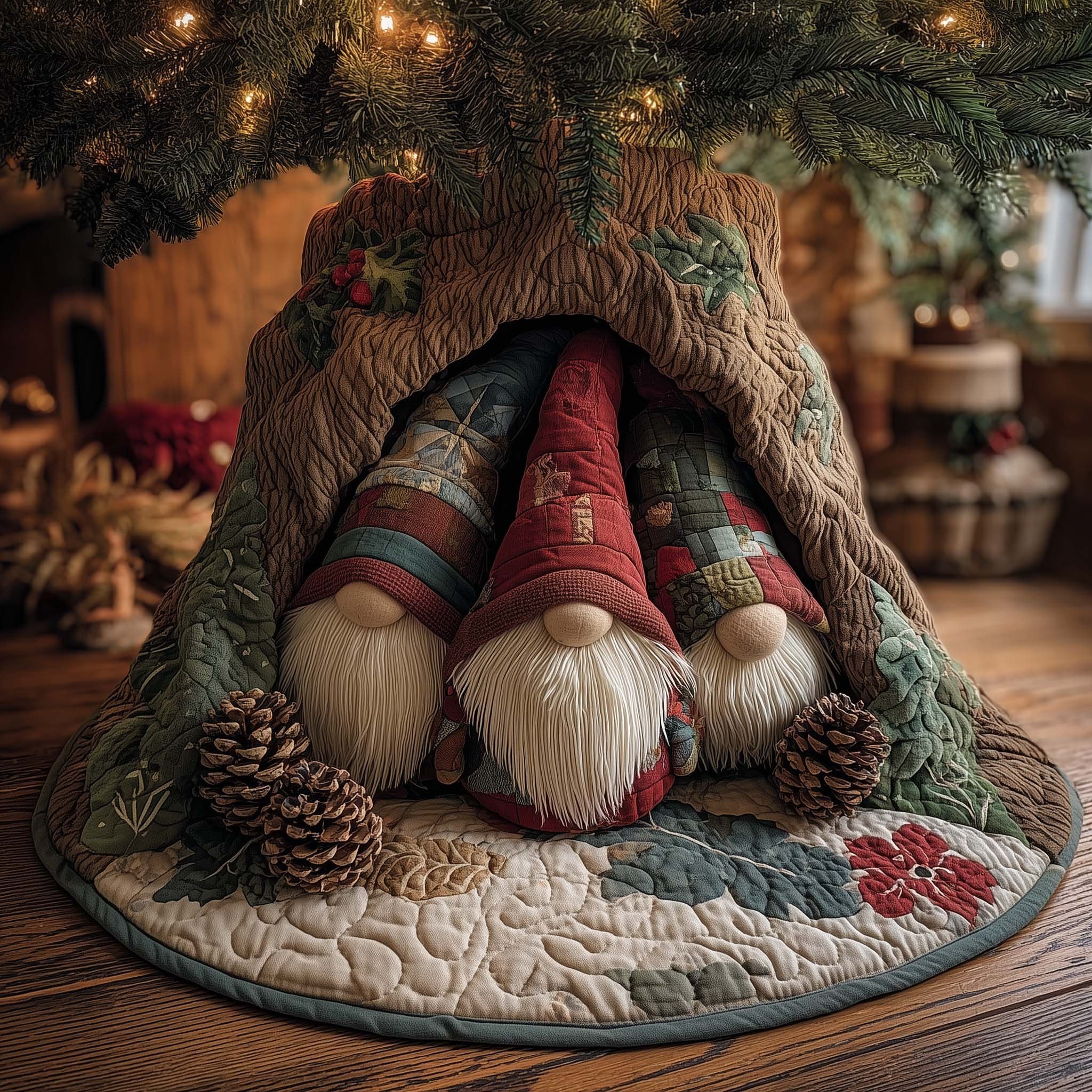 Gnomes with Pinecones and Poinsettias Christmas Tree Skirt