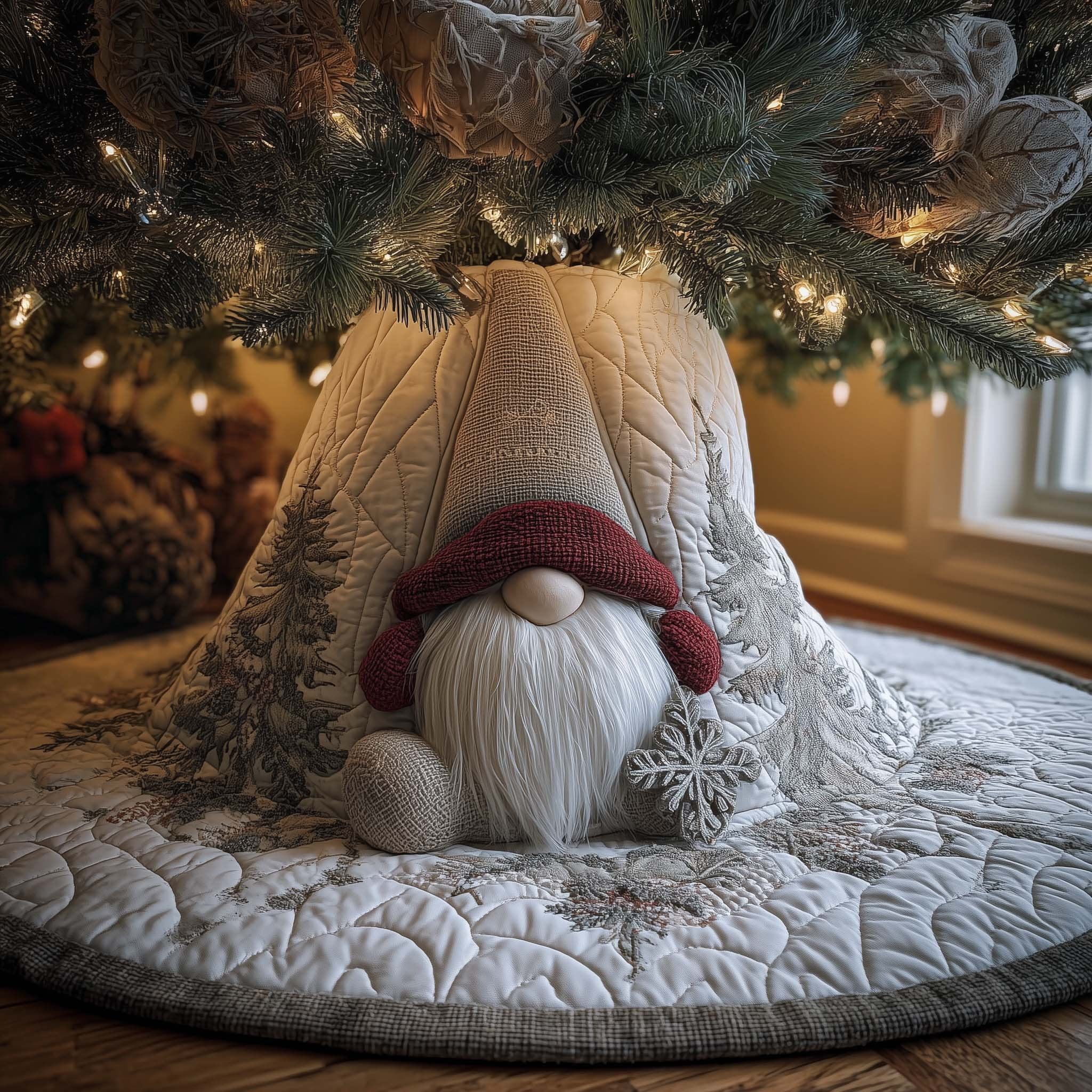 Gnome in White Beside the Snowy Tree Christmas Tree Skirt