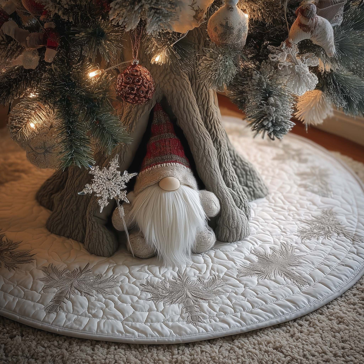 Gnome with a Snowflake by the Tree Christmas Tree Skirt