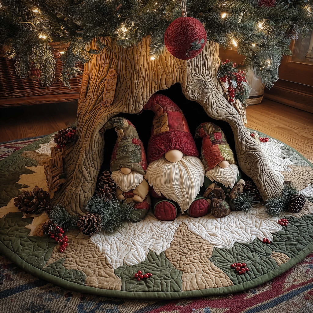 Gnomes in Red Hats with Berries Christmas Tree Skirt