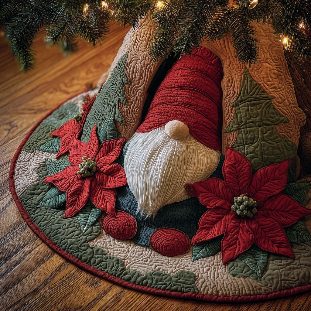Gnome Among Red Poinsettias Christmas Tree Skirt