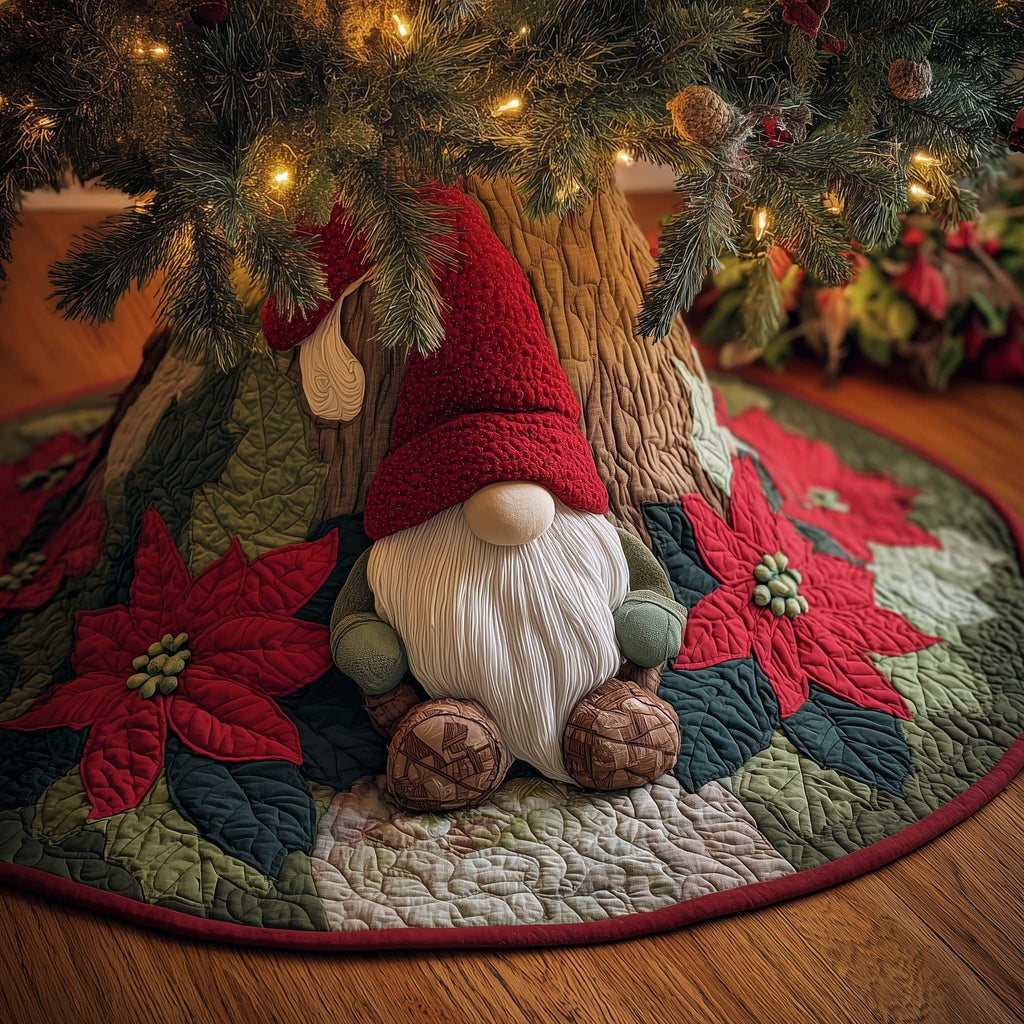 Standing Gnome with Poinsettias Christmas Tree Skirt