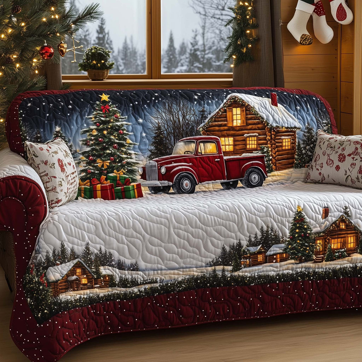Cabin with Red Truck and Tree Sofa Cover