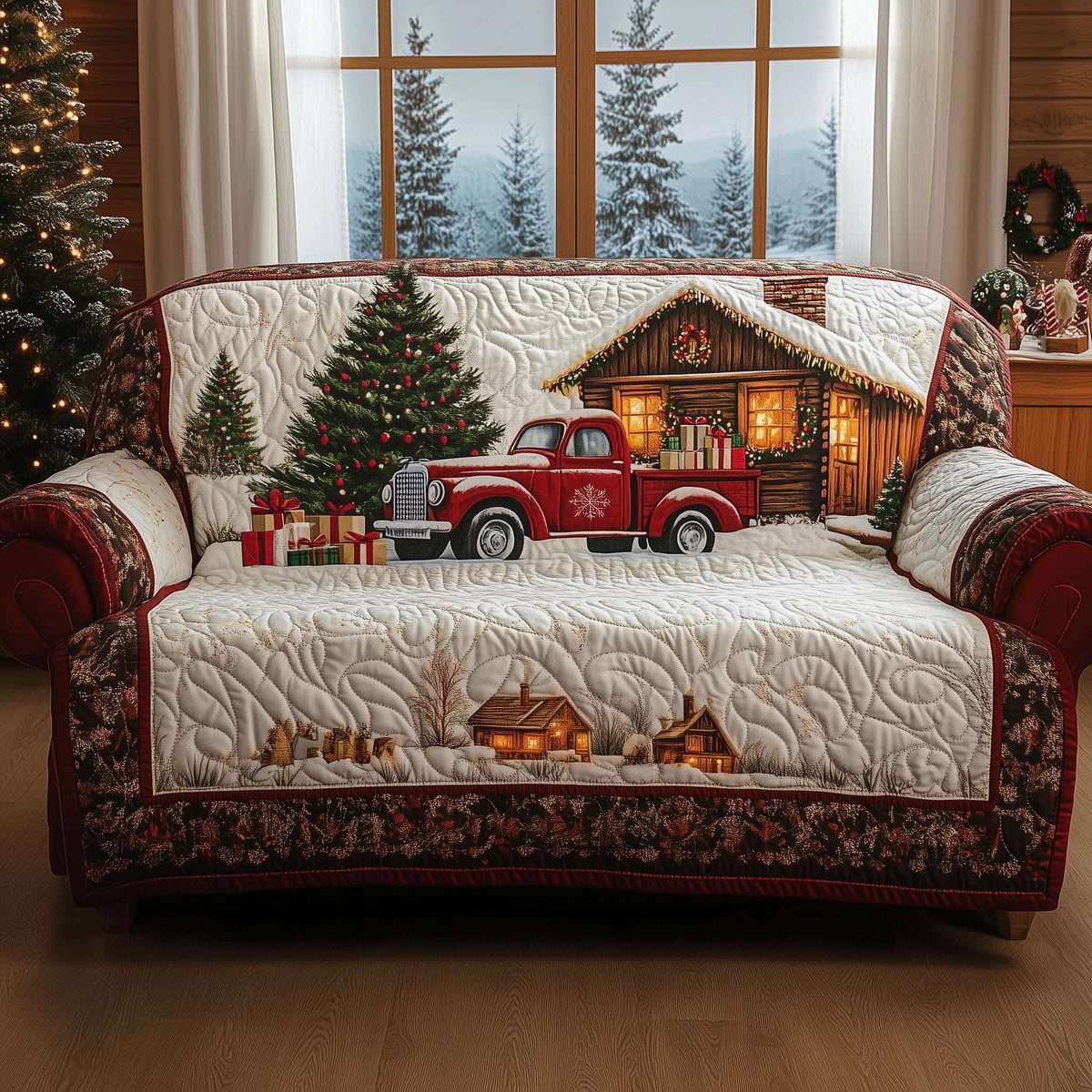 Red Truck at the Log Cabin Sofa Cover