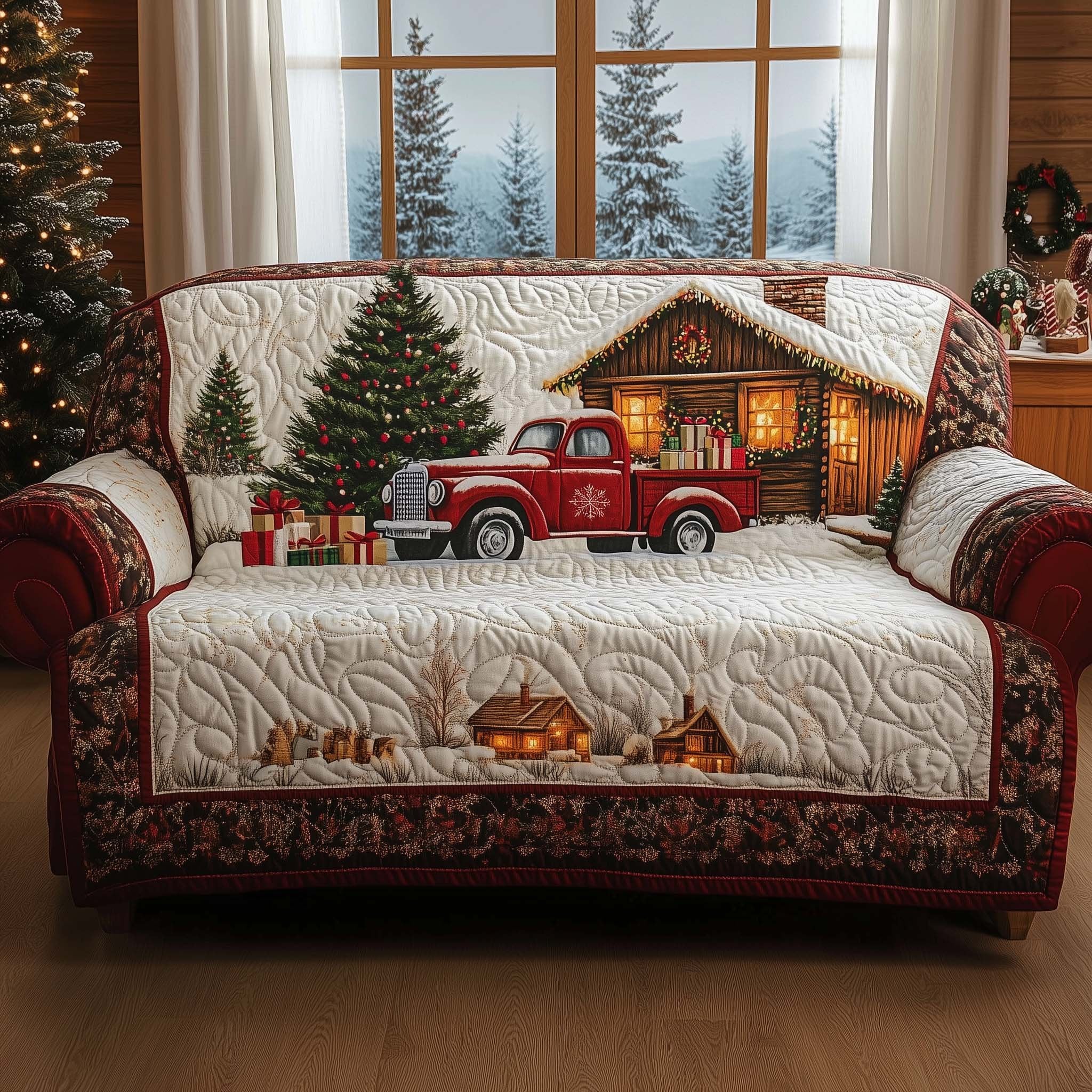 Red Truck at the Log Cabin Sofa Cover