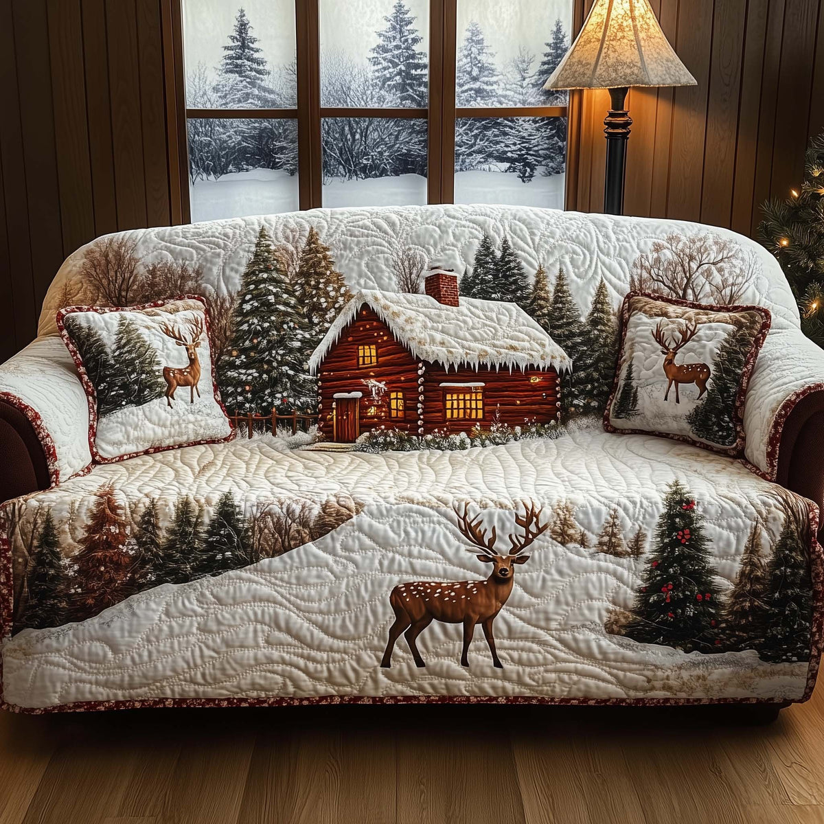 Cabin and Deer in the Snow Sofa Cover