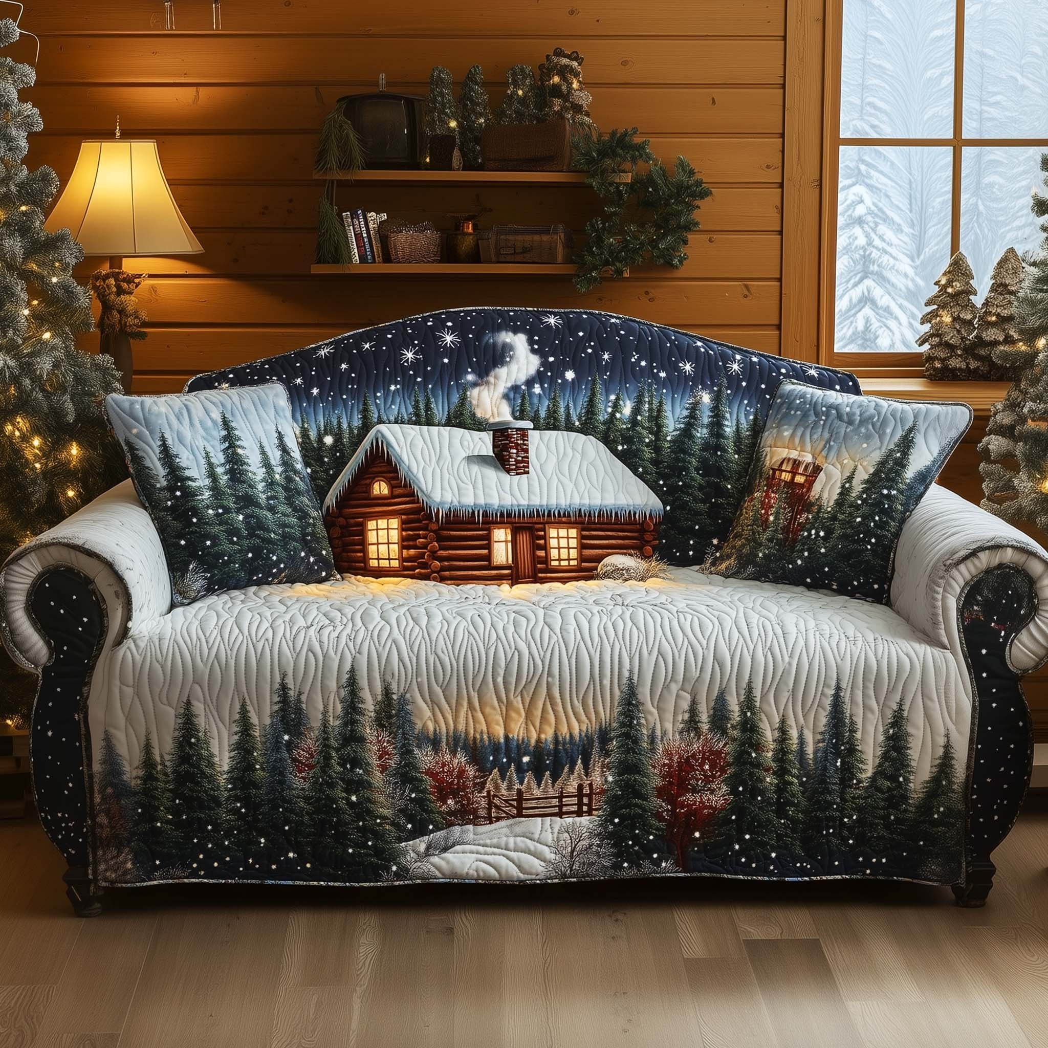 Smoking Chimney Cabin in Navy Pines Sofa Cover