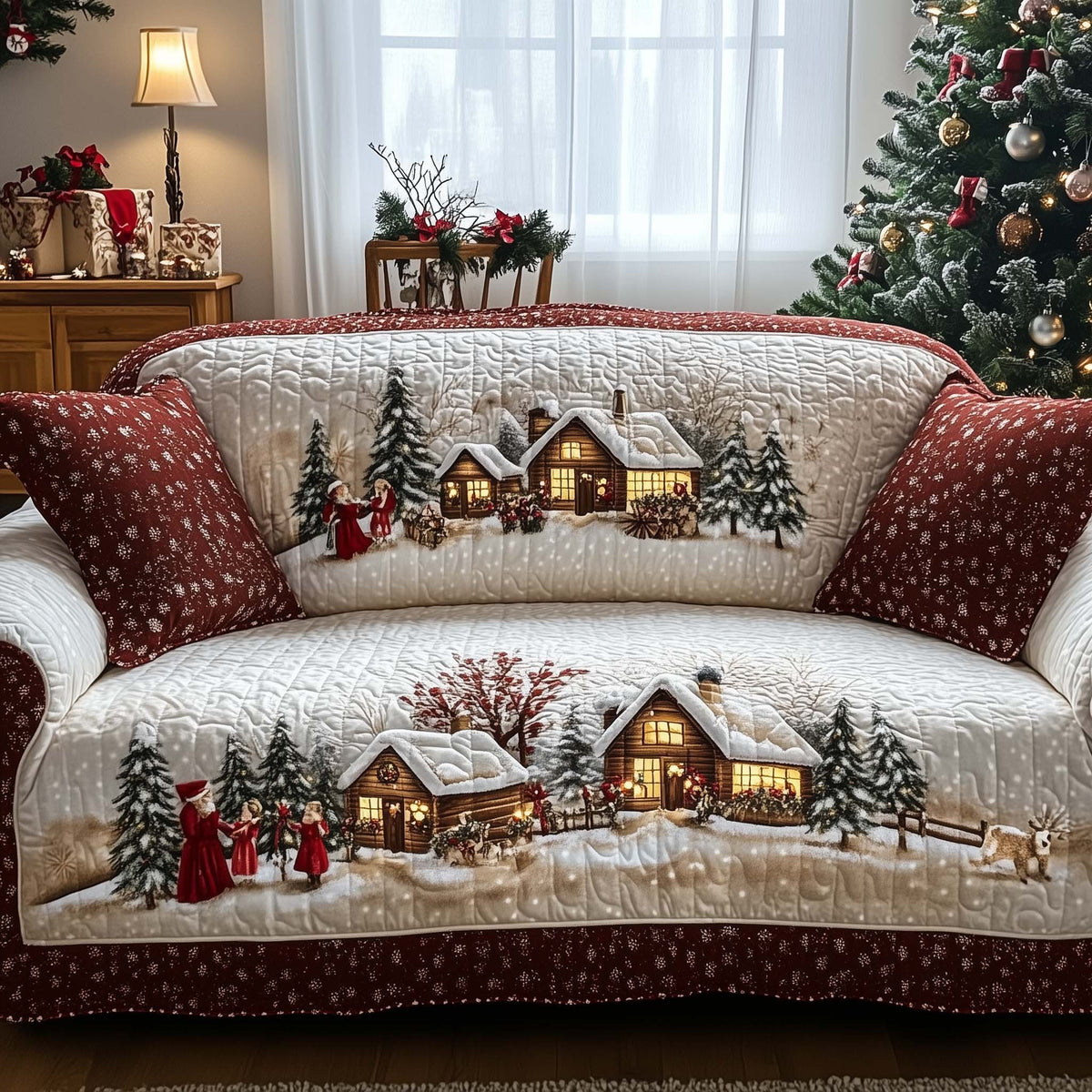 Snowy Cottage and Carolers Sofa Cover