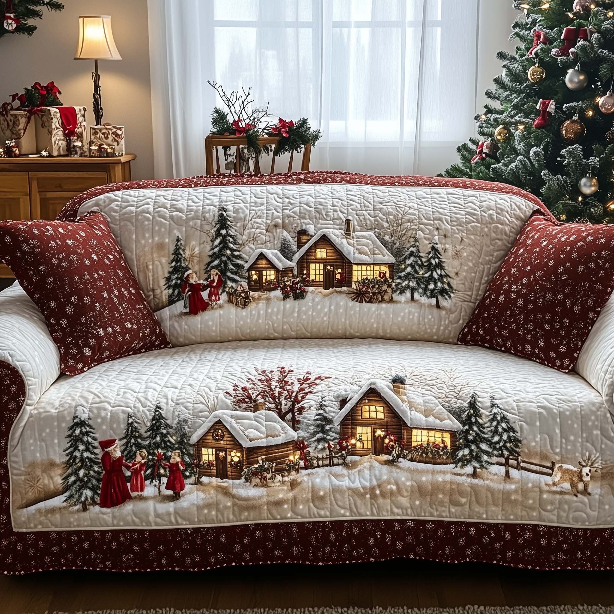 Snowy Cottage and Carolers Sofa Cover