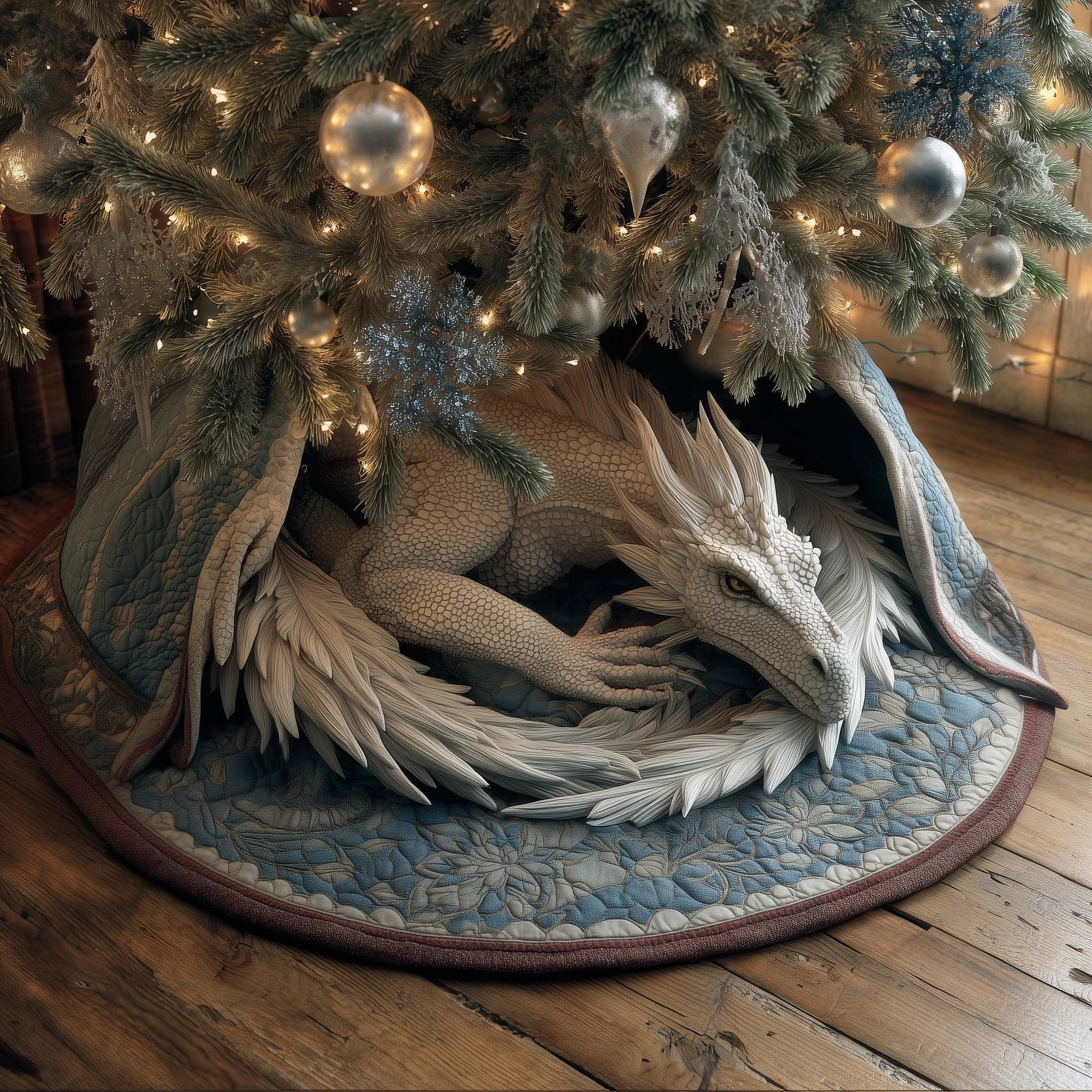 White Dragon Curled on Blue Christmas Tree Skirt