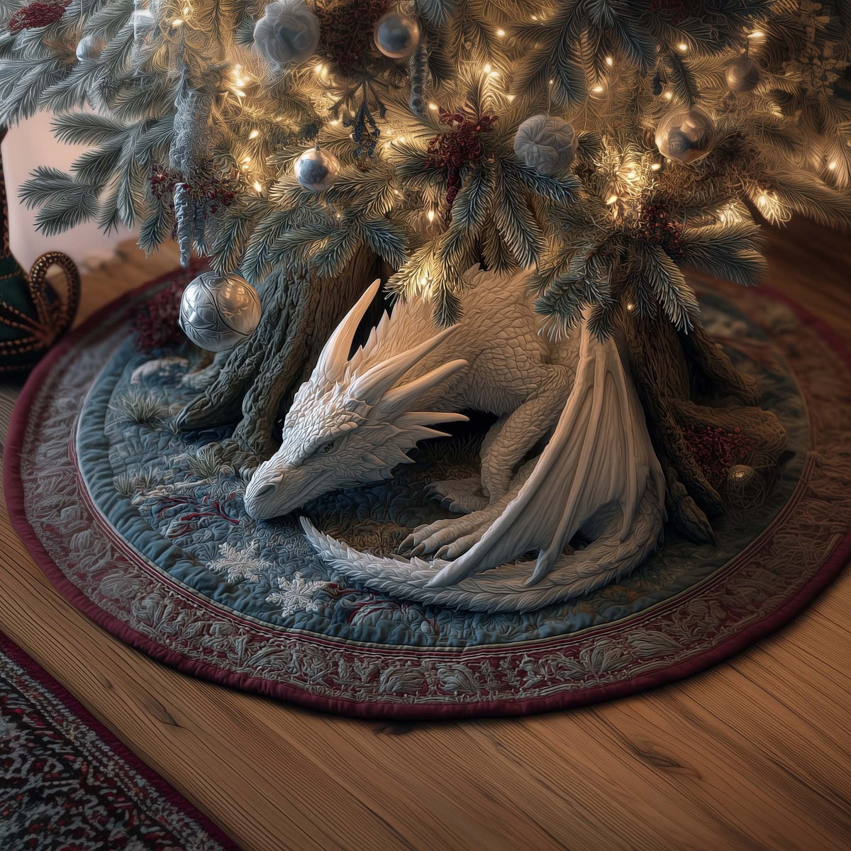 Grey Dragon on Snowflake Quilt Christmas Tree Skirt