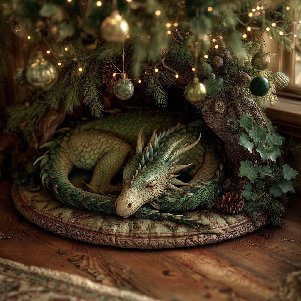 Green Dragon Sleeping Under Pines Christmas Tree Skirt