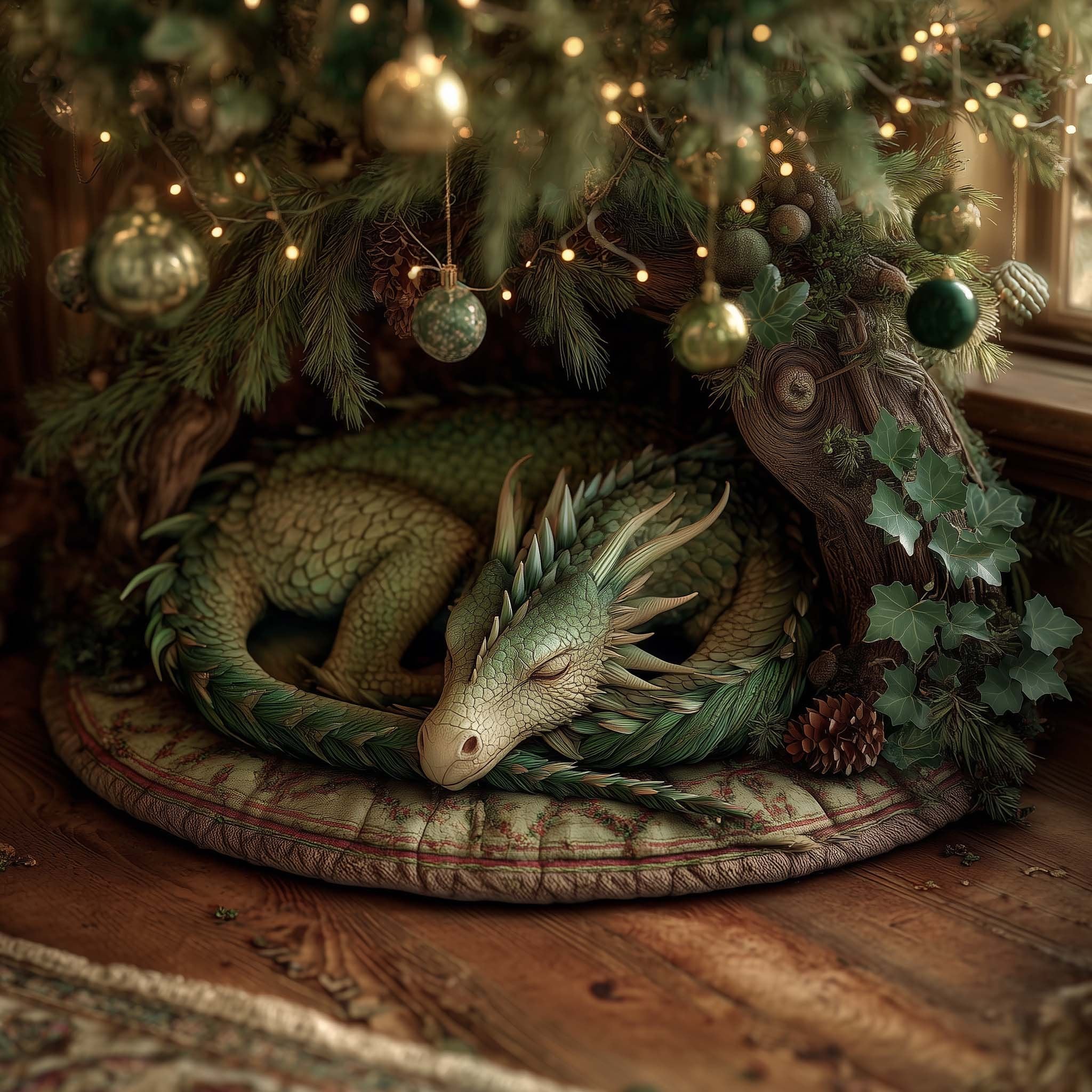 Green Dragon Sleeping Under Pines Christmas Tree Skirt