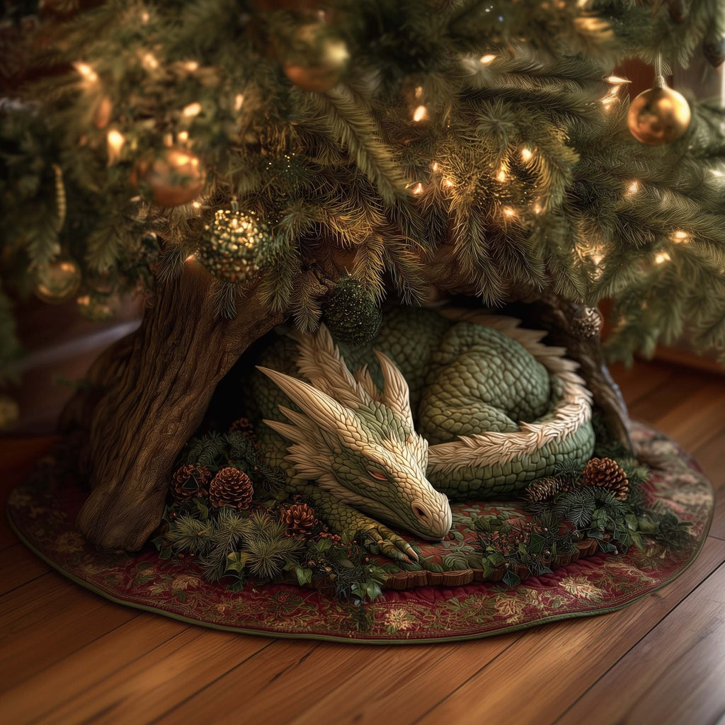 Green Dragon Curled in the Log Christmas Tree Skirt