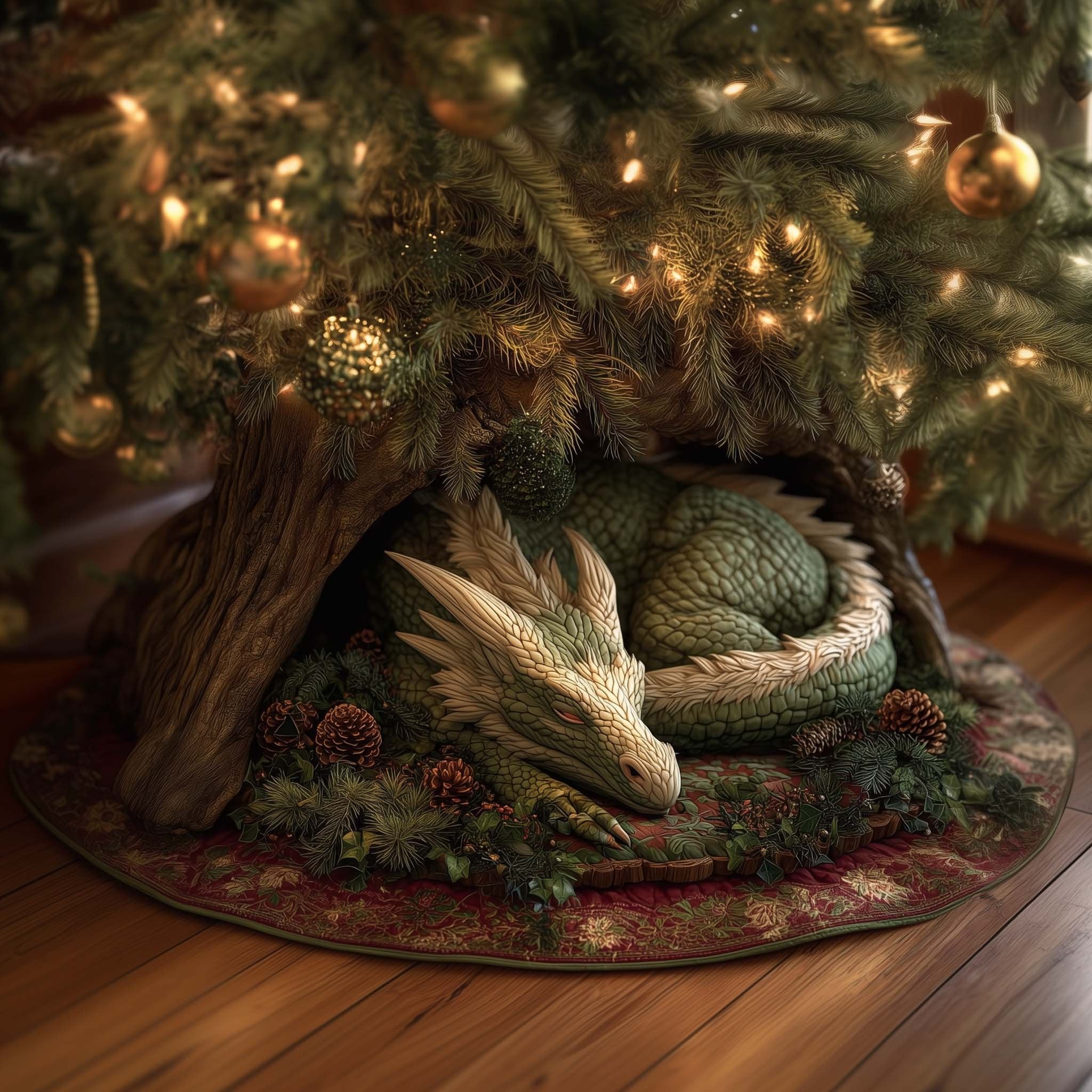 Green Dragon Curled in the Log Christmas Tree Skirt
