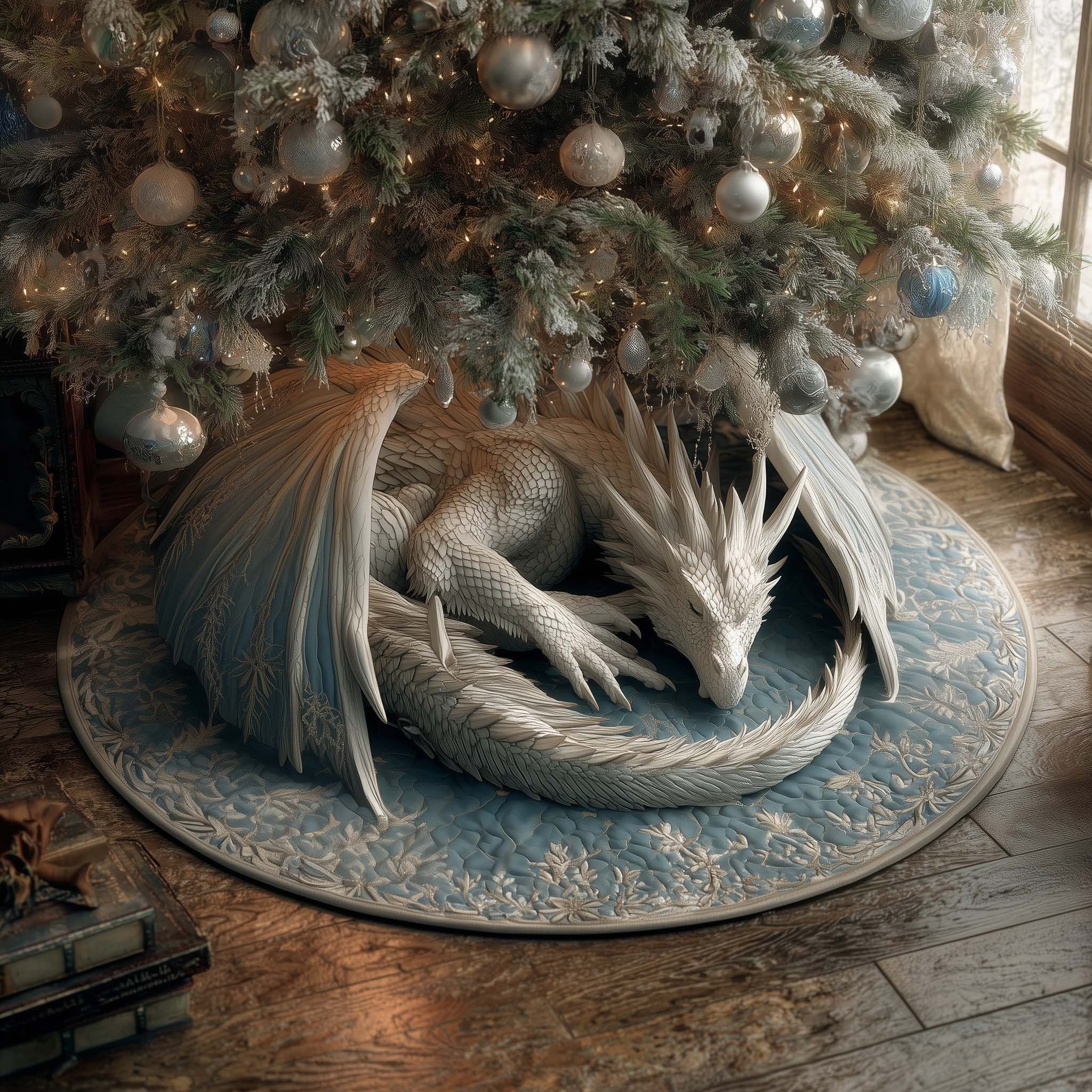 White Dragon on Pale Blue Christmas Tree Skirt