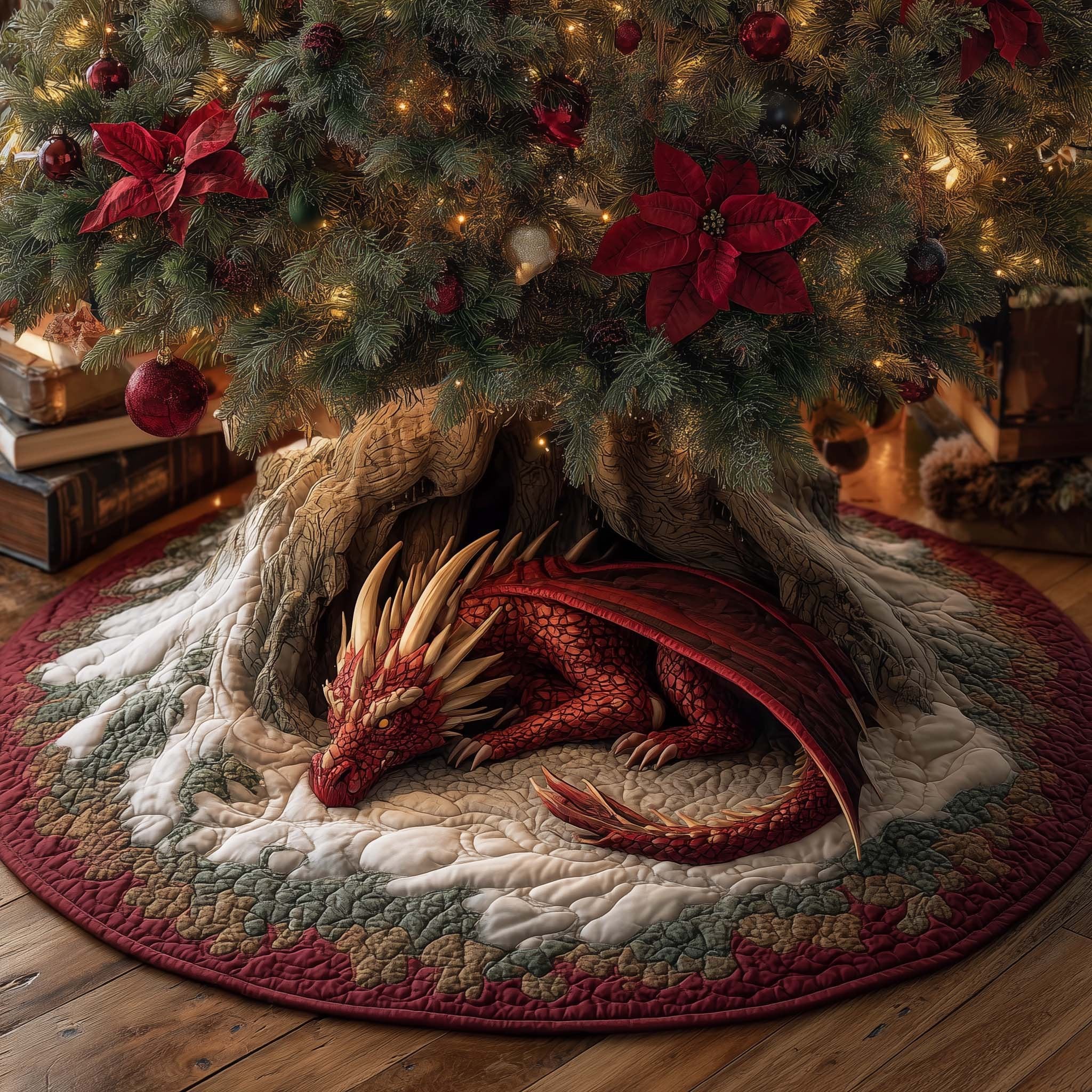 Sleeping Red Dragon in the Den Christmas Tree Skirt