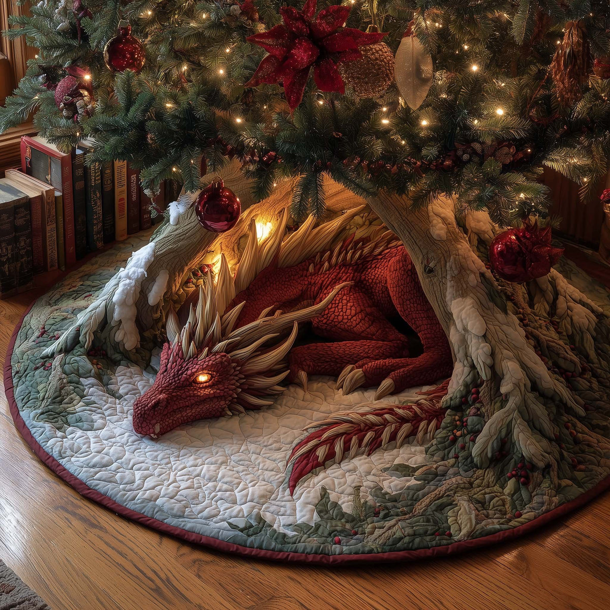 Red Dragon Resting Under Pines Christmas Tree Skirt