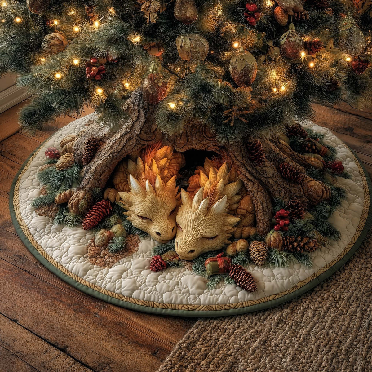 Two Foxes Sleeping in a Log Christmas Tree Skirt