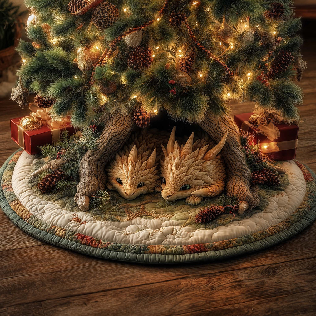 Curled Foxes in a Woodland Den Christmas Tree Skirt