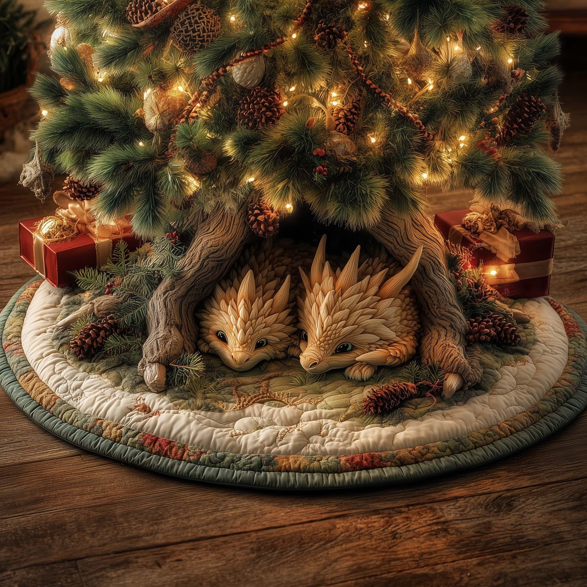 Curled Foxes in a Woodland Den Christmas Tree Skirt