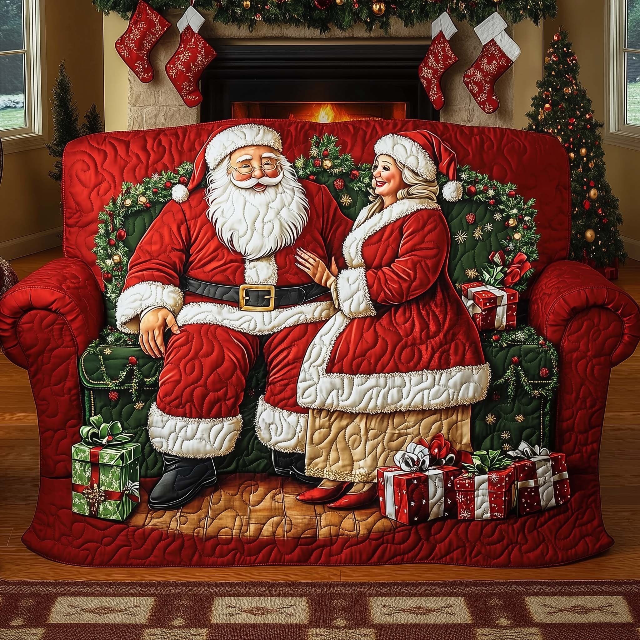 Santa and Mrs Claus on Green Sofa Cover