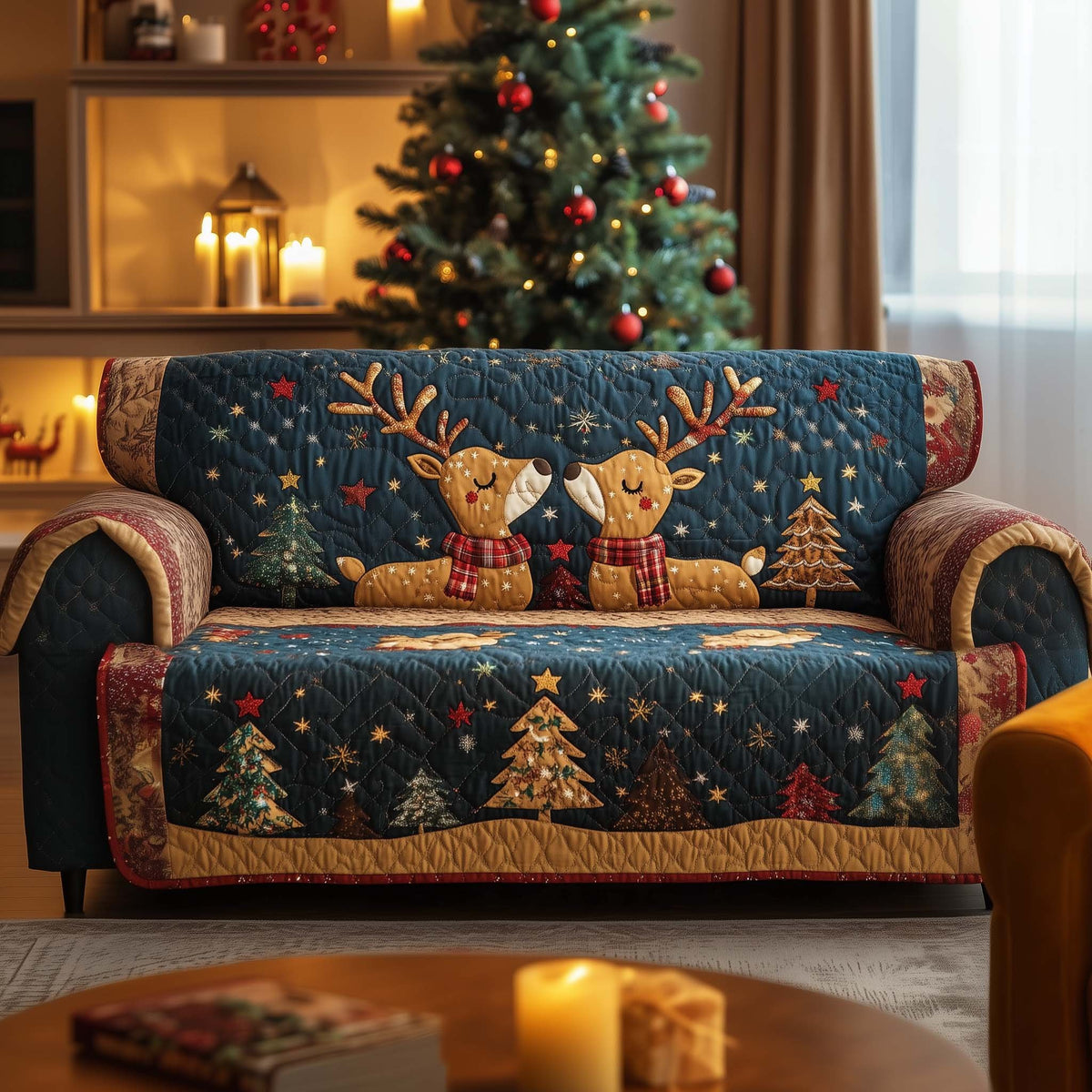 Reindeer with Plaid Scarves on Teal Sofa Cover
