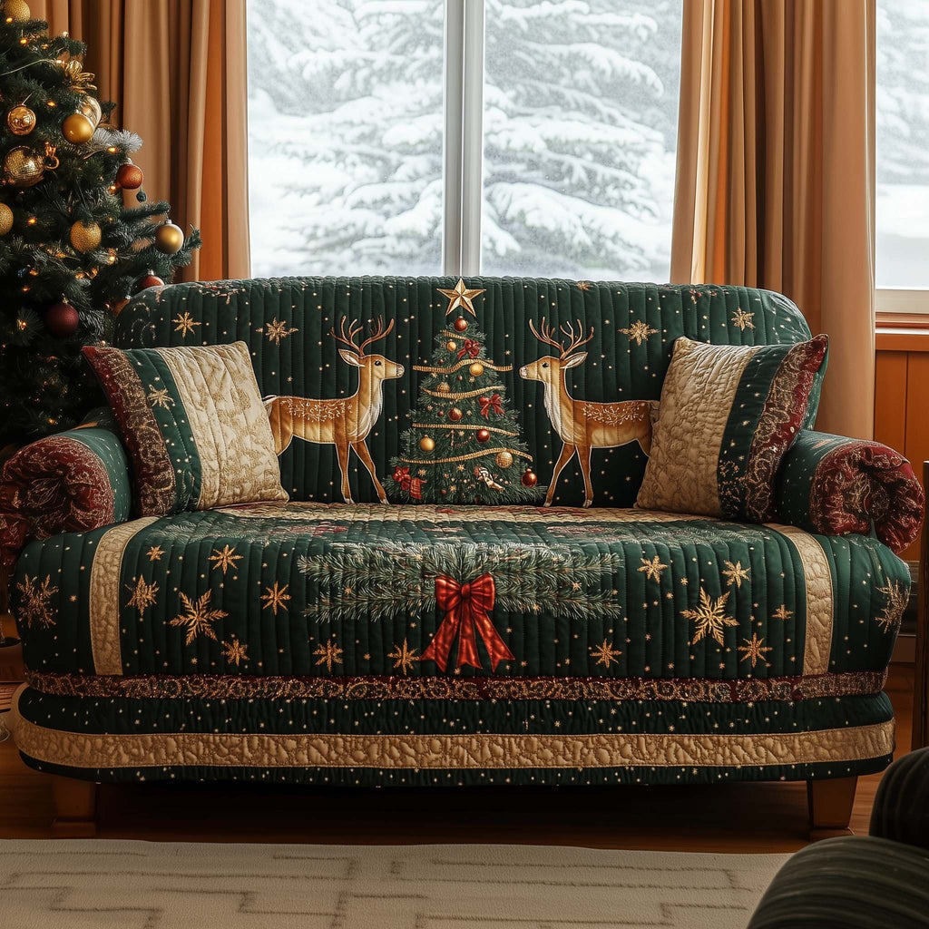 Deer Beside the Green Christmas Tree Sofa Cover