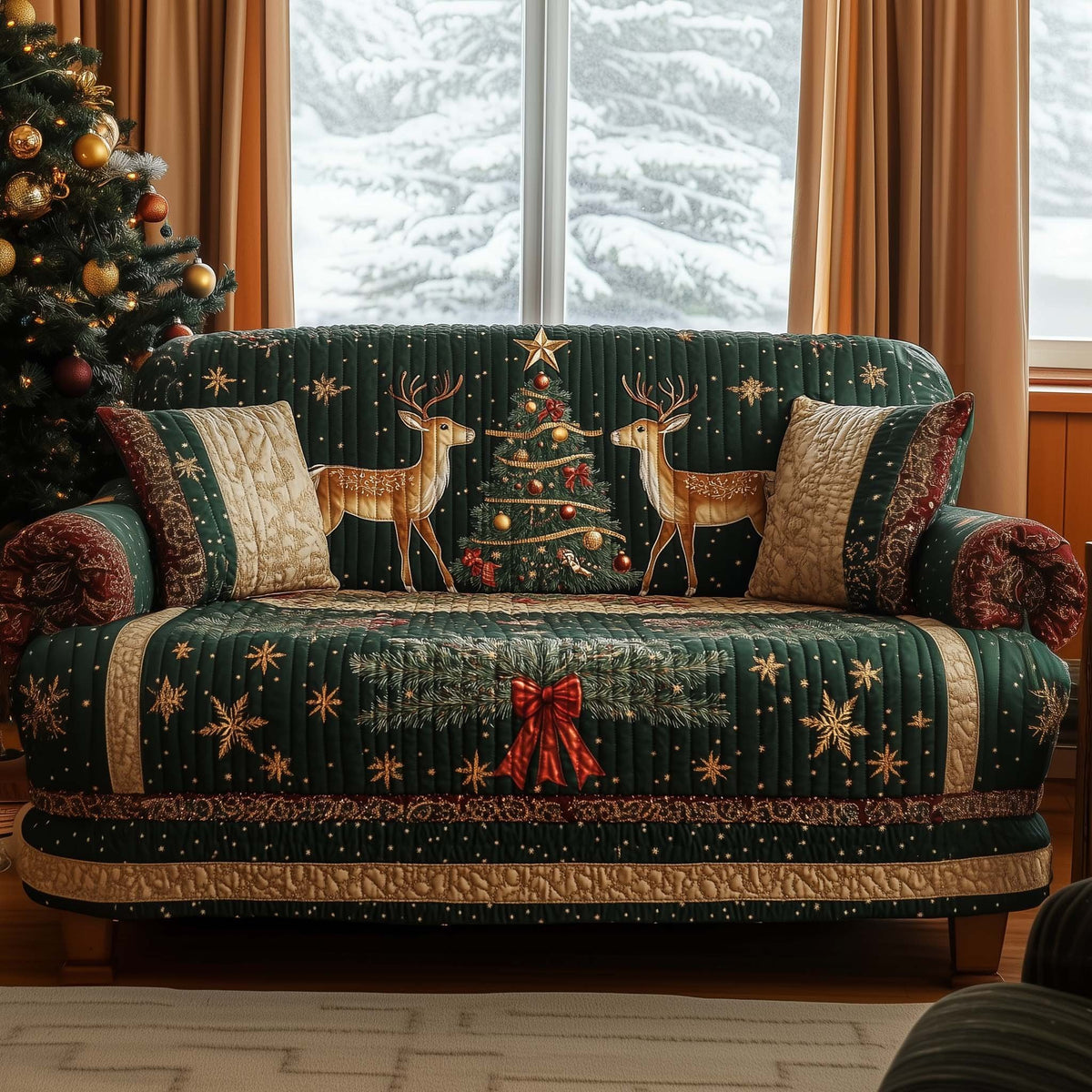 Deer Beside the Green Christmas Tree Sofa Cover