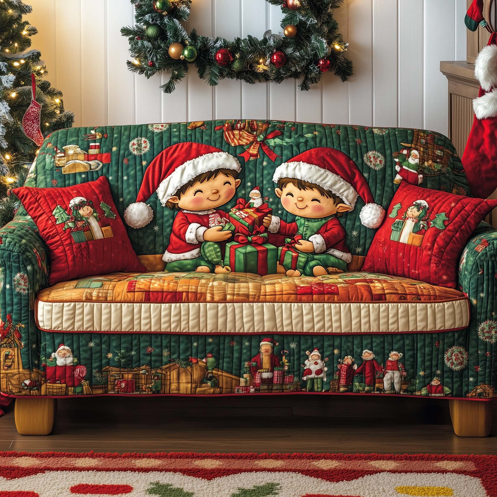 Elves Wrapping Gifts on Green Sofa Cover