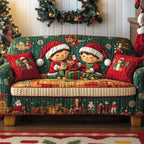 Elves Wrapping Gifts on Green Sofa Cover
