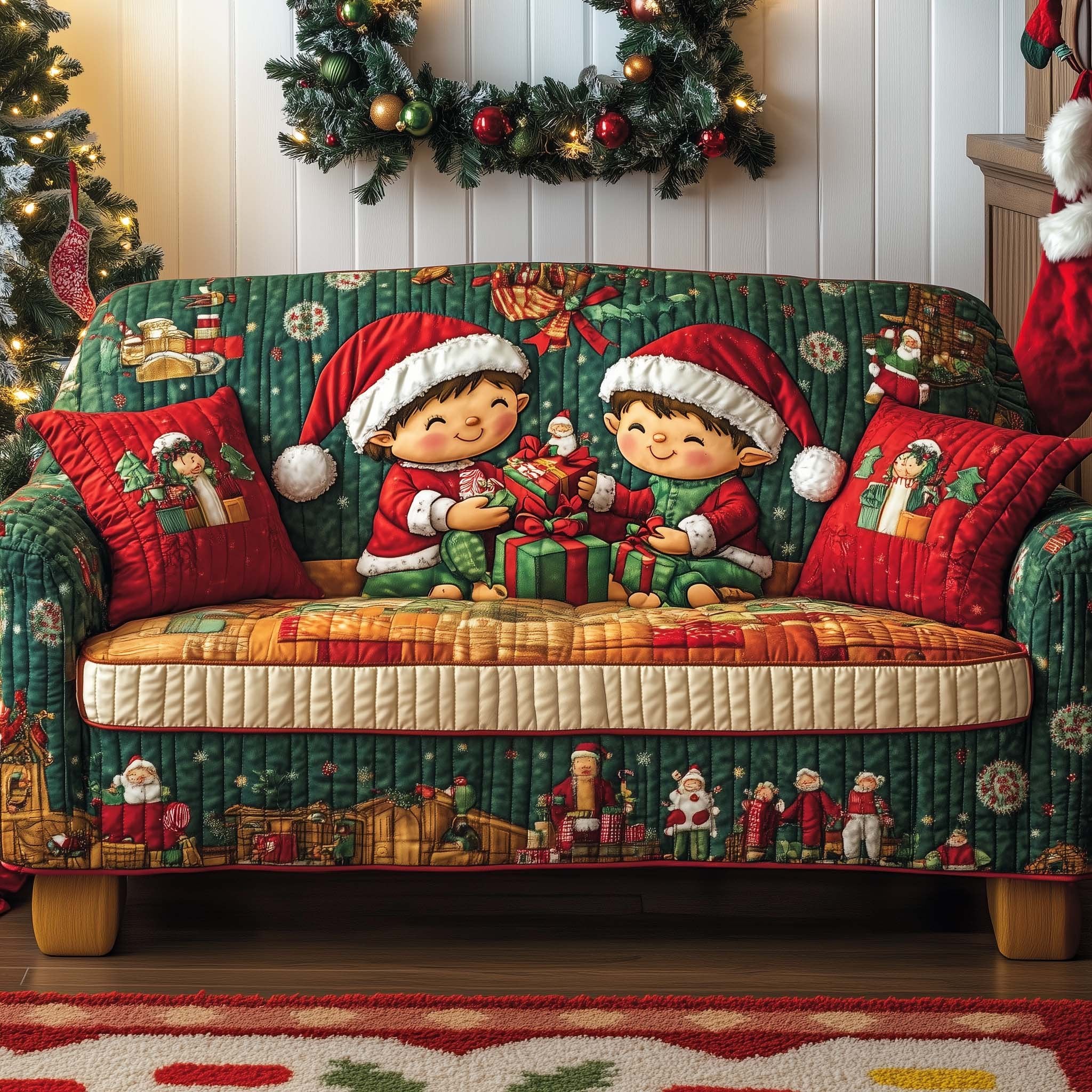 Elves Wrapping Gifts on Green Sofa Cover
