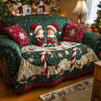 Elves and Candy Canes on Green Sofa Cover