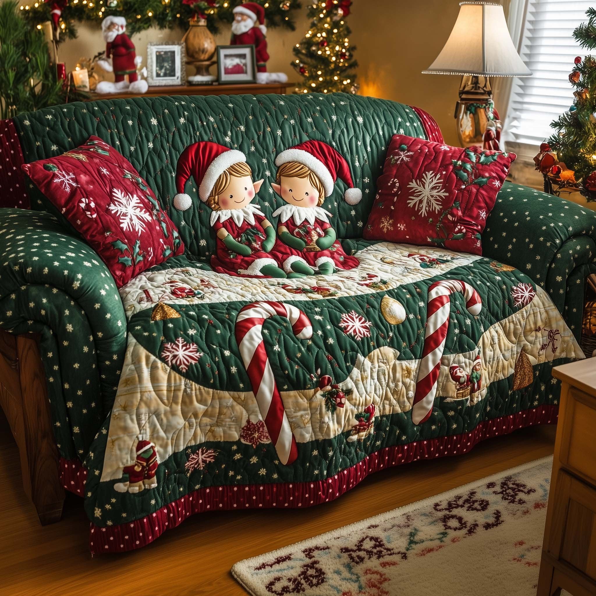 Elves and Candy Canes on Green Sofa Cover