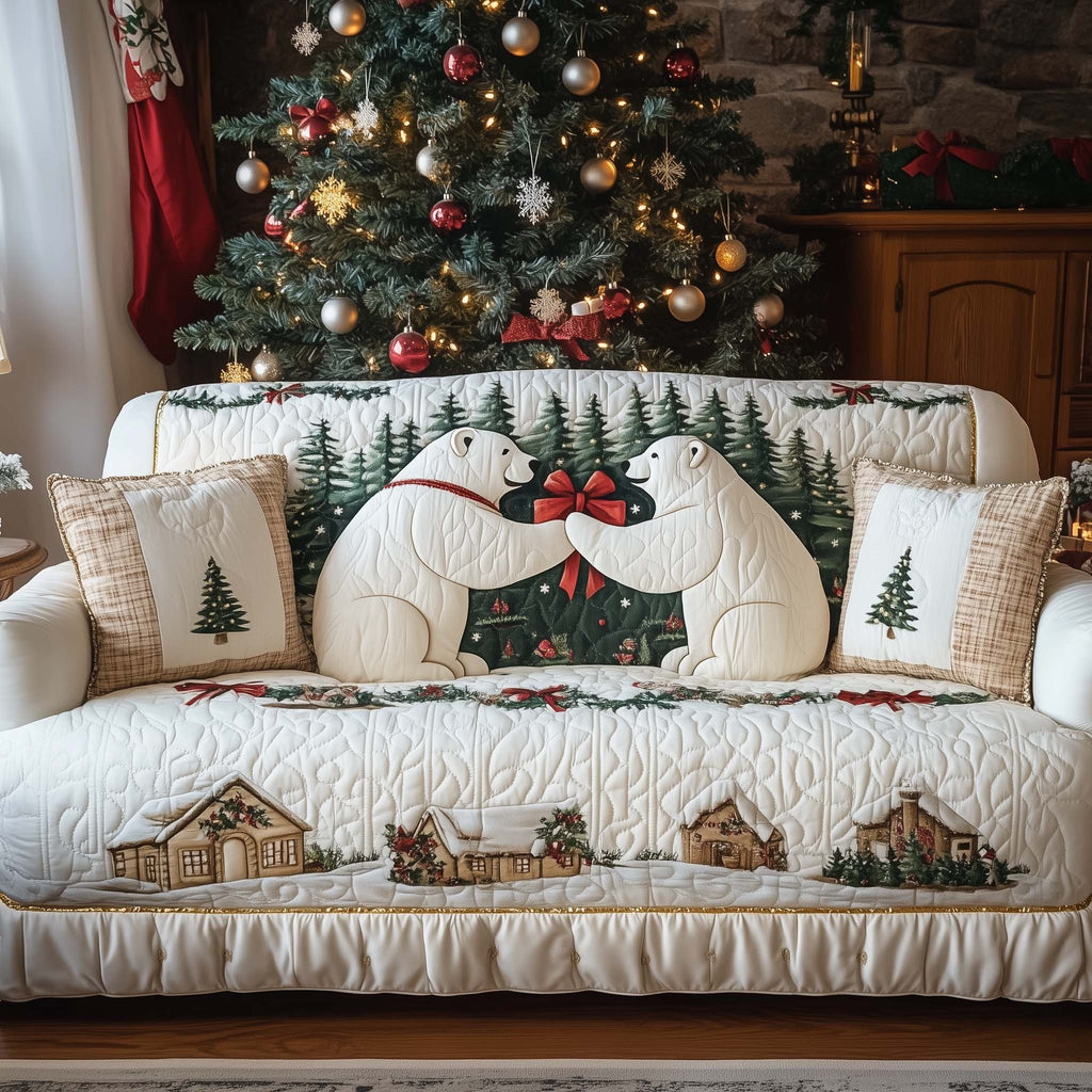 Polar Bears with a Holiday Wreath Sofa Cover