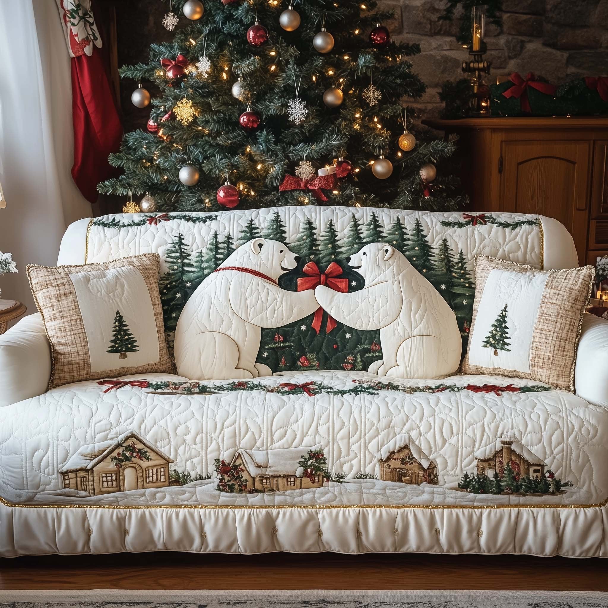 Polar Bears with a Holiday Wreath Sofa Cover