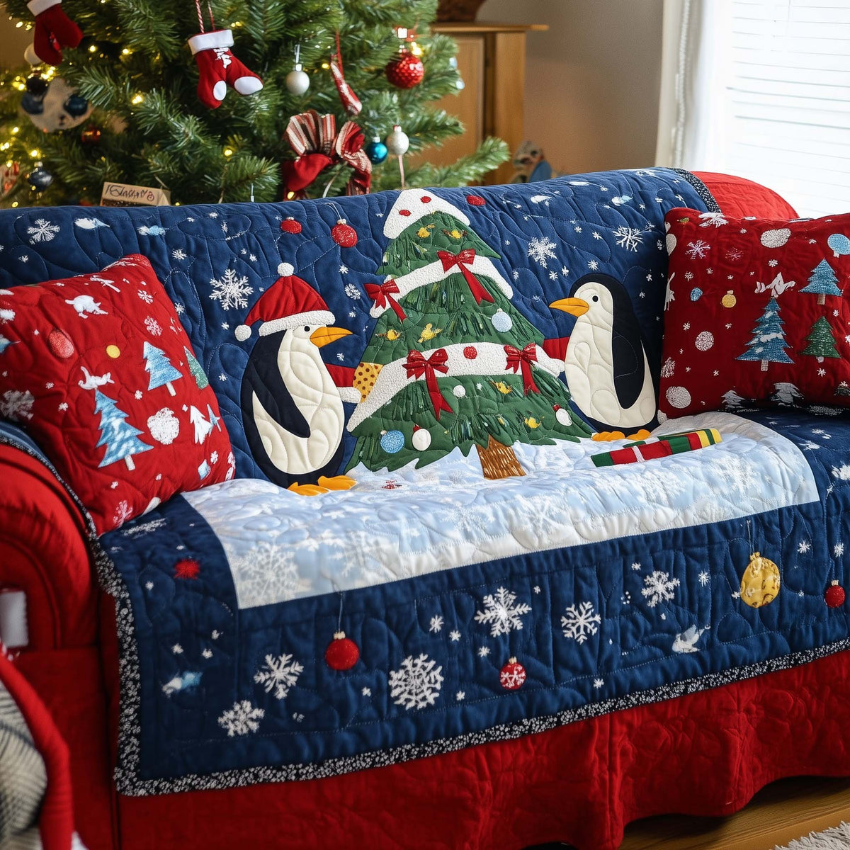 Penguins and Tree on Navy Snowflakes Sofa Cover