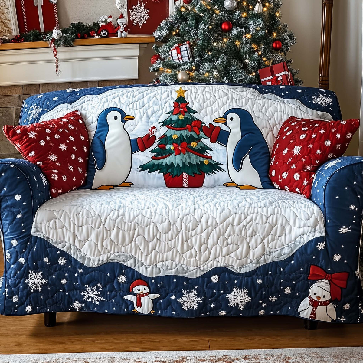 Penguins Around the Christmas Tree Sofa Cover
