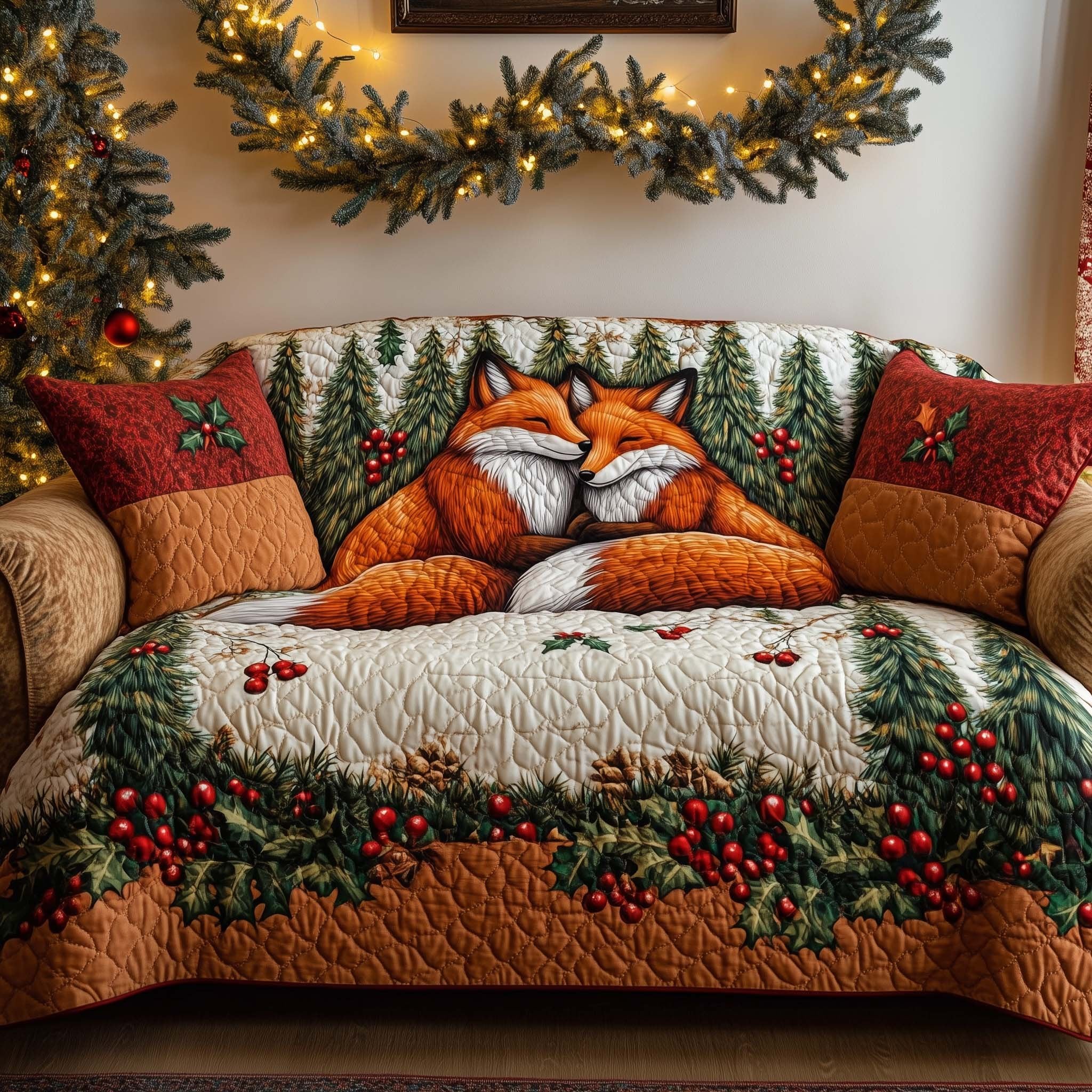 Sleeping Foxes on Holly Berries Sofa Cover