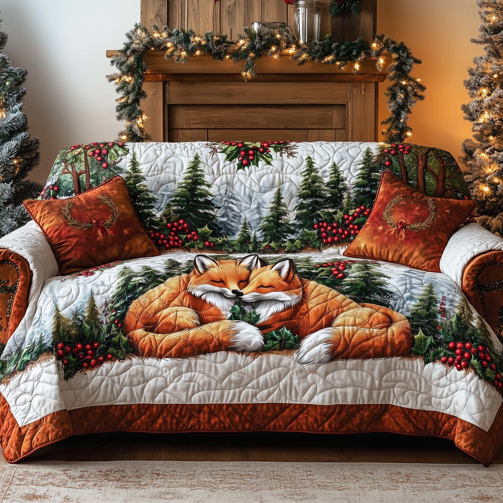 Curled Fox Among Red Berries Sofa Cover