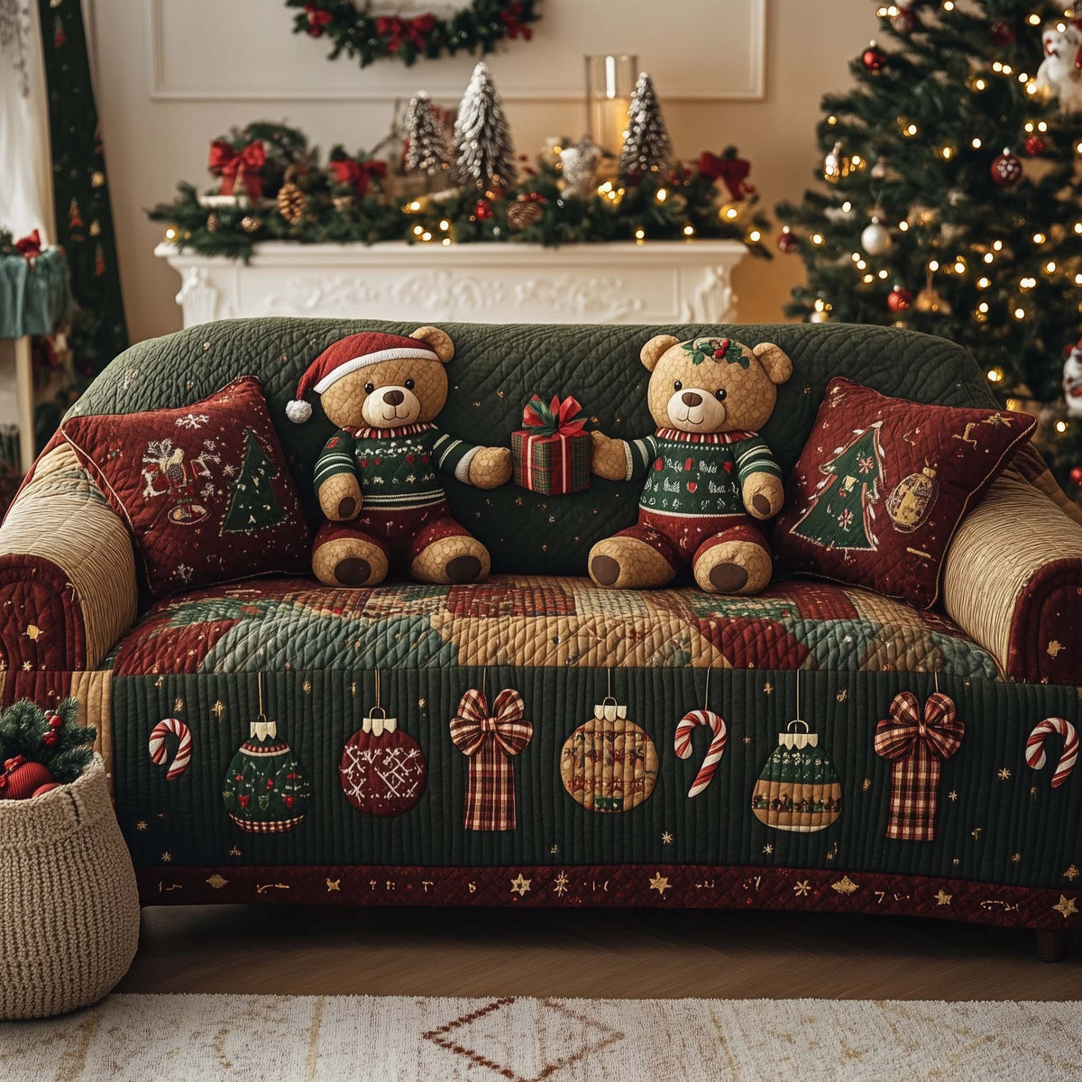 Teddy Bears in Holiday Sweaters Sofa Cover