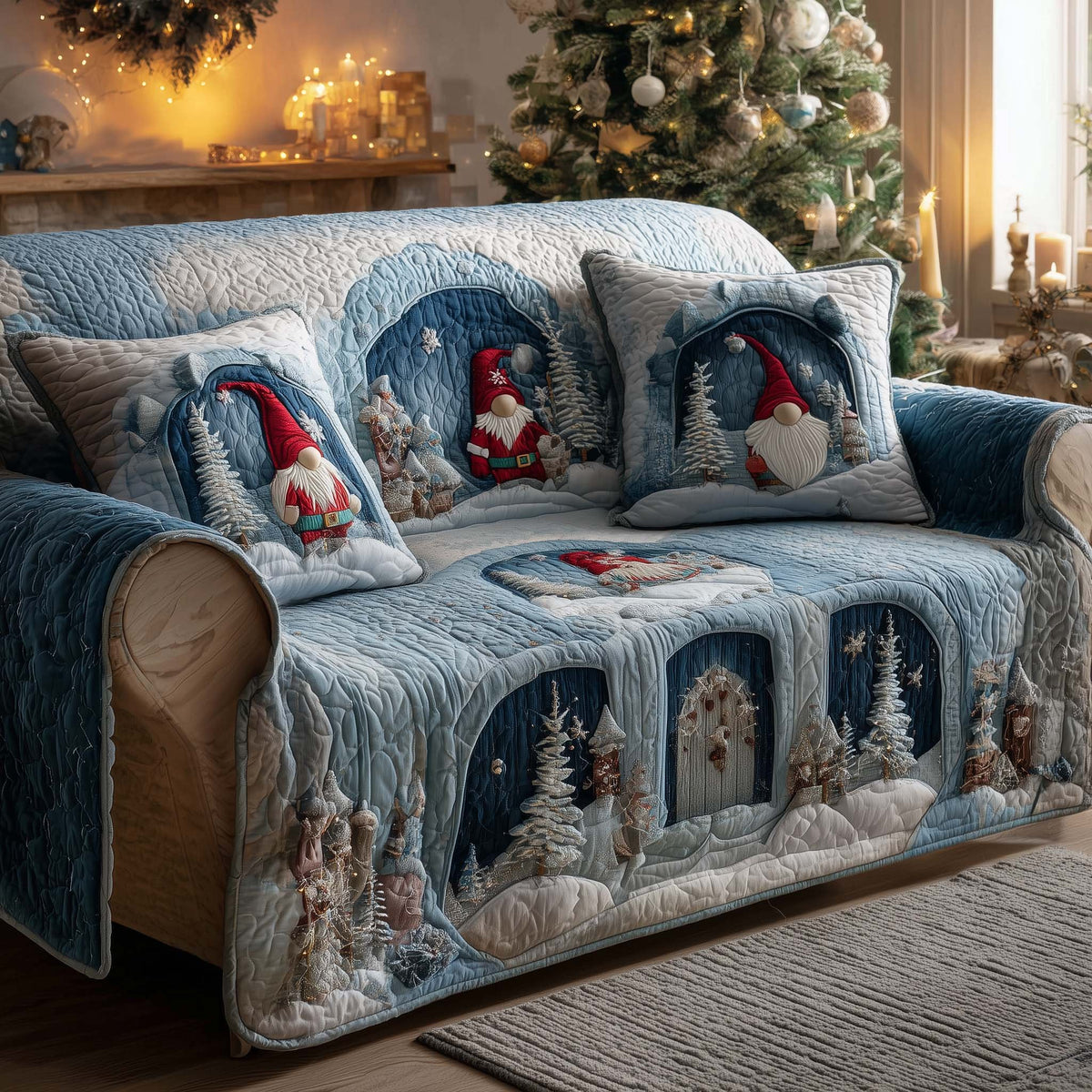 Gnomes on the Icy Blue Snow Sofa Cover