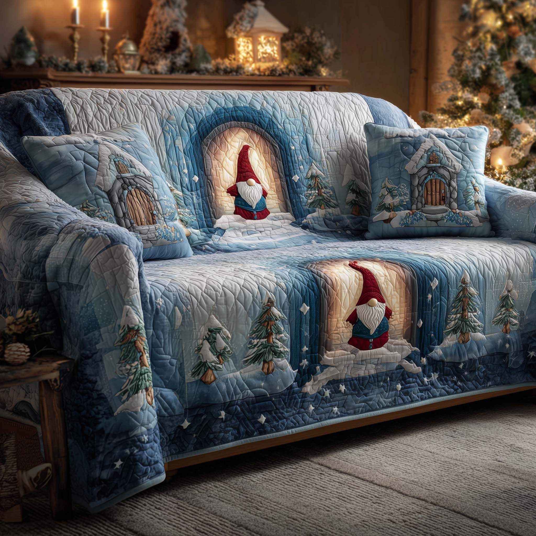 Gnome in the Snowy Blue Arch Sofa Cover