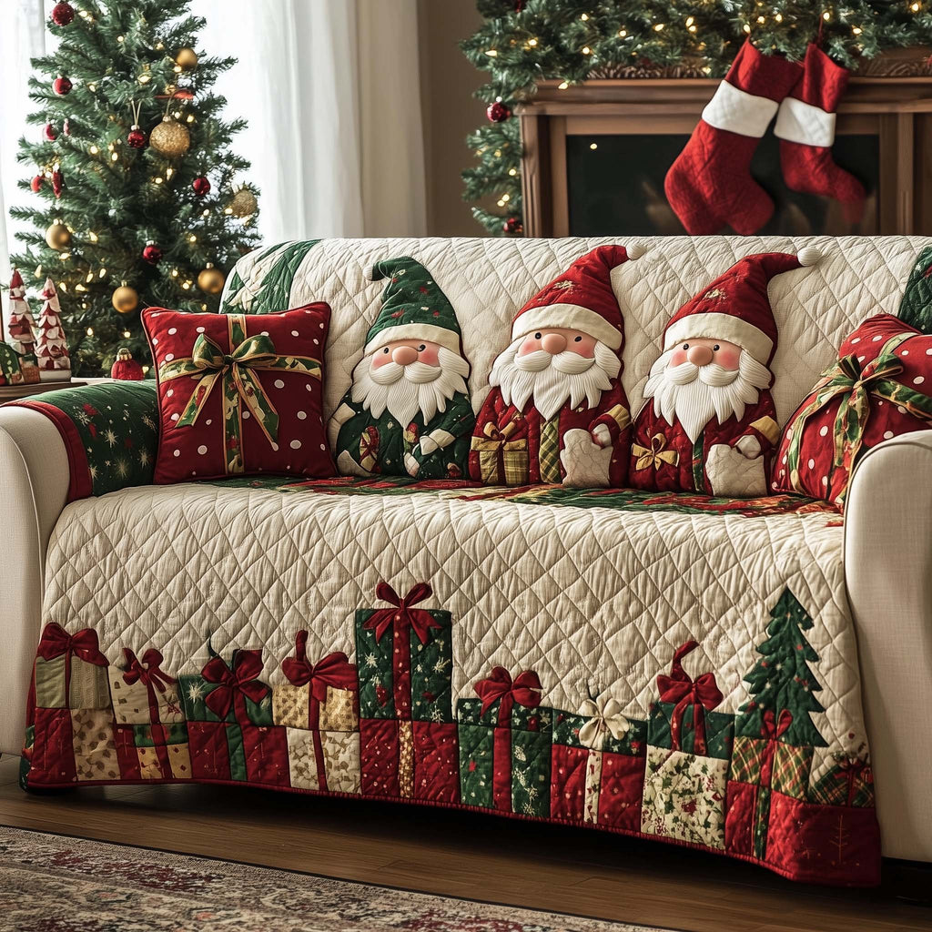 Gnomes and Presents on Cream Sofa Cover